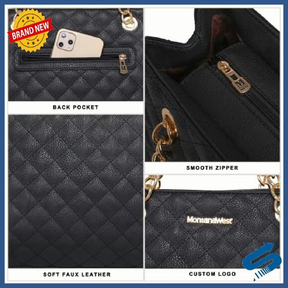 Quilted Medium Tote Bag with Gold Chain Strap - 13.25x9.5x5.5 - Picture 6 of 8